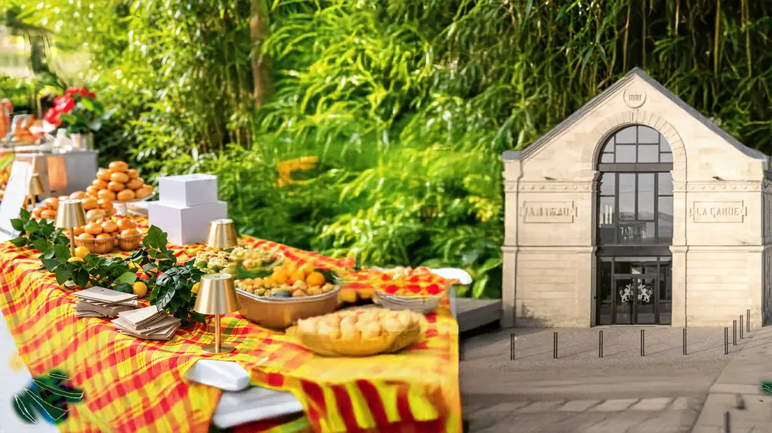 Buffet créole sur nappe en madras devant le Château La Garde